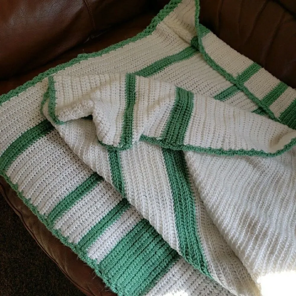 Handmade Crochet Blanket White Green Throw 65x35 Lapghan Knit Gift Cozy Baby